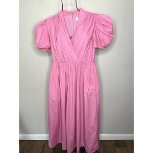ARIAS NY Size 6 Pink Midi Dress‎ Puff Sleeves Gathered V Neck $795 Shower Baby